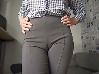 Naughty Secretary Seduces You with Her Cameltoe in Tight Trousers