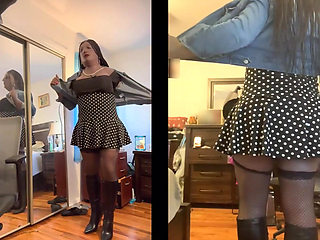 Black Babe Danae in a Short Polka Dot Dress Fucking Her Dildo