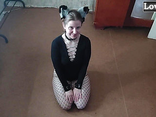 Sexy Kitty Eats From a Bowl and Licks Her Master's Feet - Lovessie