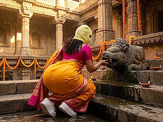 Indian Girl with Massive Ass Touching Ancient Statue