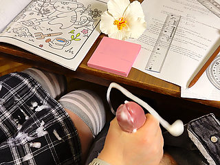 Sexy HIGH SCHOOLGIRL Jerking him Off in Physics Class under the Table.