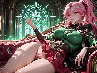 Hentai Vixen Deep Squats Teasingly Beneath Giant Magic Array in Green Battle Gear Stretched Tight