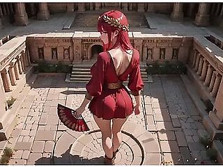 Red-haired Priestesss Forbidden Bath Ancient Stone Corridors Dappled With Light She Lounges In A Circular Pool Overflowing With Liquid