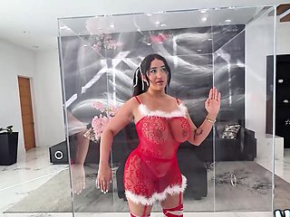 Nia Bleu in Christmas Lingerie with Candy Cane Sucks Cock and Gets Fucked in Glass Case