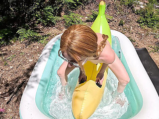 Petite Redhead Kat Humps Banana Float in Pool - Small Tits Grinding and Masturbating Orgasm