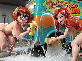 Velma and Daphne Enjoy a Sensual Soapy Nude Car Wash Cleaning the Classic Mystery Machine Van Thoroughly