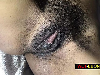 Wet Ebony Moans Loud & Vibrates in Loving Missionary - Big Cock & Hairy Pussy Close-Up