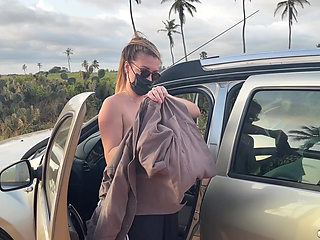 Naked Busty Blonde Walks by Car on Public Road