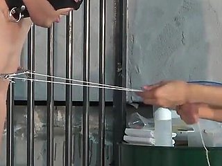 Anal Dildo Fixed, Electric Shocks to Nipples and Dick, Repeated Beatings with a Cane, by Mistress to Slave Butler Discipline