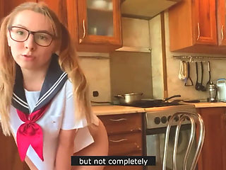 Young Beauty in Japanese College Uniform Masturbates in the Kitchen and Chats with You