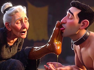 Submissive Slave Licking Wrinkled Feet of Old Ladies