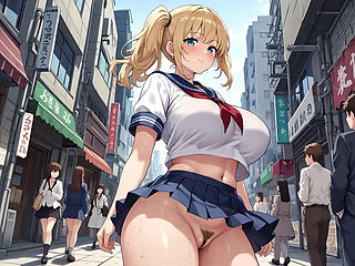 Walking on a lively street with her lower body exposed