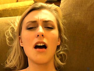 Close up with blonde hottie blowing a large dick