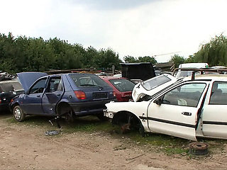 German Couple Fuck in Car Trunk at Junkyard - Big Tits Blowjob Outdoor Threesome