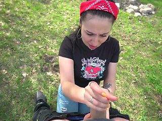 Brunette Sucks and Strips Outdoors - POV