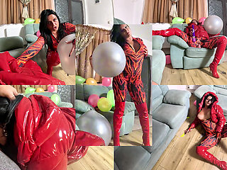 Dominant Red Downjacket MILF Balloon Humiliation. Failed Erection, Dildo Riding and Popping