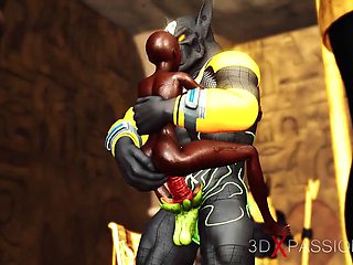 Ancient Egypt. Anubis plays with a hot black girl in the temple