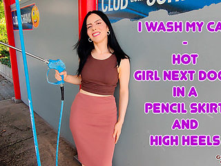 I Wash My Car - Hot Girl Next Door in a Pencil Skirt and High Heels