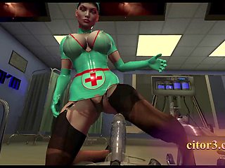 VR Game: Latex nurses in stockings milk seamen with vacuum beds and pumps