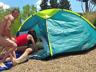 A husband and two strangers fuck a slutty slut hard in a tent and cum in her mo