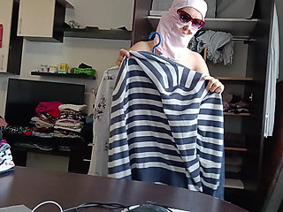 Amateur Woman Has Fun Trying on Clothes and Cutting Them