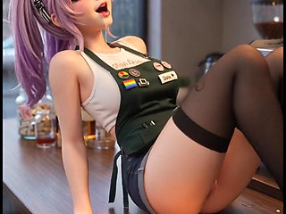 Hot sexy tiny barista is waiting for her customer, mastubrating