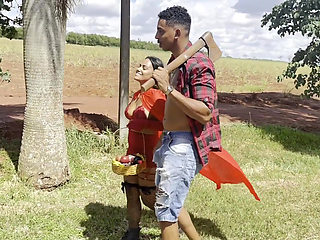 Little Red Riding Hood, the Naughty Girl, Meets a Horny Lumberjack and Shows off Her Pussy in the Middle of the Road.