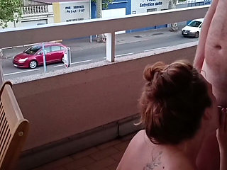 risky public blowjob and sex on the balcony ending with cumshot