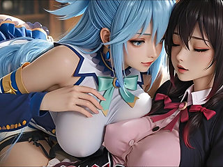 SFW Aqua and yunyun From konosuba soft show touching and kissing lesbian