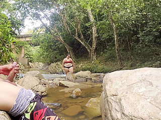 Unknown woman gives me a handjob in a river Load of milk in my tits