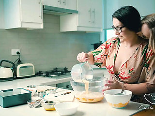 Blonde Charlie Forde and Brunette Chasey Devil Lesbian Cake Baking Sex with Big Natural Tits and Glasses