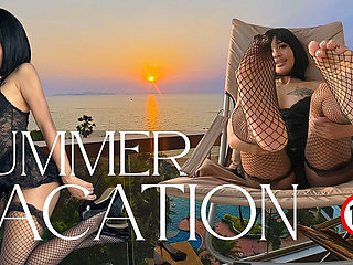 Cute Asian in Black Lace Lingerie Sways Hips on Oceanfront Balcony