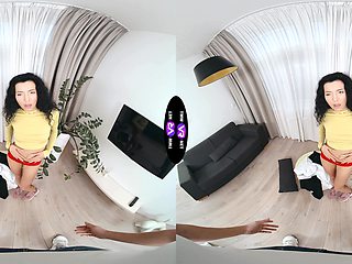 A sexy walk of a brunette teen with long hair in a mini dress