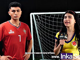 Inka Sex: Mexxxie and Cristiano Penaldo pound their throbbing cum-filled balls against a Colombian reporter