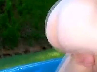 Big ass chick plays with sex toys and gets anally fucked outdoor