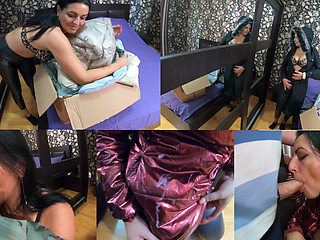 Red Shiny Downjacket Fetish - Leather Pants, Blowjob & Cum Explosion