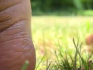 Stepmommy Barefoot Outside Plays in the Grass