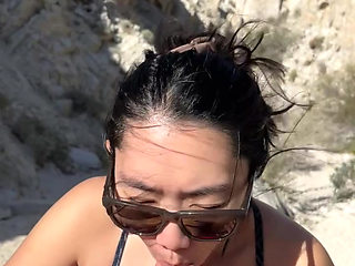OUTDOOR blowjob while hiking in the desert - AMATEUR WMAF - Cum in Mouth PUBLIC BJ Swallow