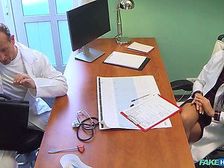 Hot nurse Angie Moon hooks up with the doctor and has fun with a female patient in a fake clinic