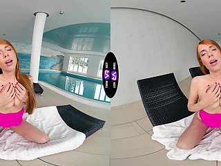 Redhead beauty Holly Molly enjoys solo play by the pool in hd