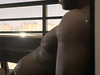 Sexy brunette gives a delicious spectacular blowjob on the hotel balcony -amateur couple- nysdel