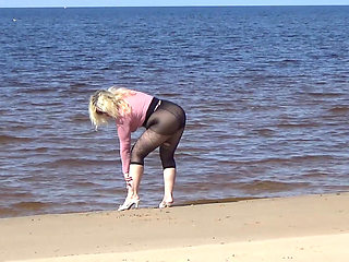 Funny MILF with Nylon Ass and Tits on Beach