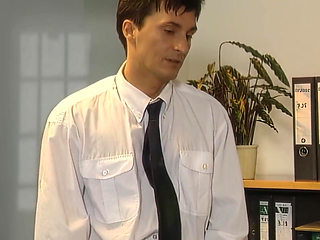 Horny Blonde Slut with Massive Fake Tits Gangbanged by 3 Office Studs!