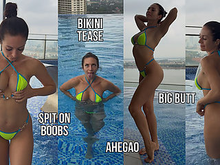 Bikini, Spit on Boobs, Ahegao, Butt Tease in a Public Pool