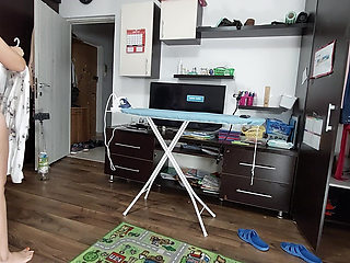 Sexy Brunette Doing Naked Chores Around the House.