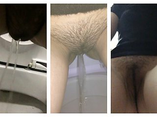 COLLECTION Girl in skinny jeans pees in public toilets close-up, golden shower, peeing girls