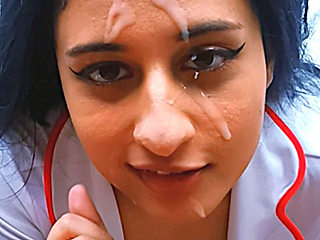 Sexy slut nurse on her knees for pov blowjob keeps sucking big cock after enormous facial cumshot