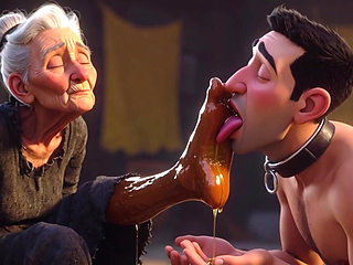 Submissive Slave Licking Wrinkled Feet of Old Ladies