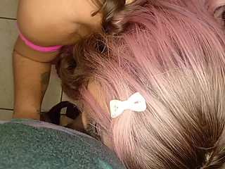 Beautiful trans woman deep throating a curious man's cock