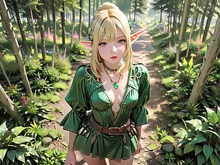 Forest Elf Queen! Kneeling in the Dappled Sunlight, Her Fingertips Tracing the Staff as She Gets Wet.